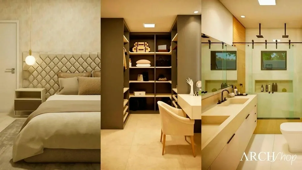 Penteadeira moderna integrada ao closet da suíte master, combinando funcionalidade e design elegante.
