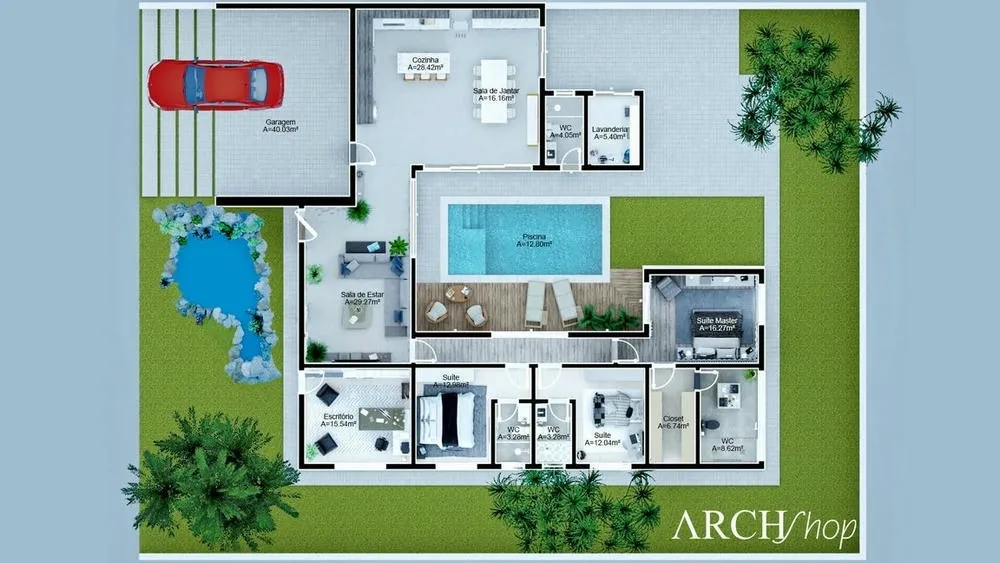 Humanized floor plan of the Philippines Project, a single-story house with three suites and integrated environments.