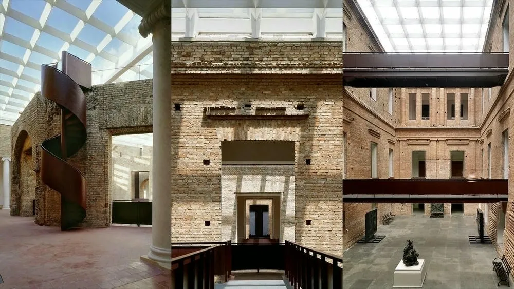 Interior de la Pinacoteca de São Paulo con pasarelas metálicas y techo de vidrio después del retrofit.