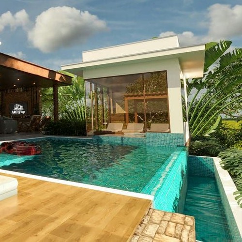 Vista deslumbrante de uma piscina de borda infinita com deck de madeira, anexo envidraçado e espaço gourmet integrado, cercada por vegetação exuberante.