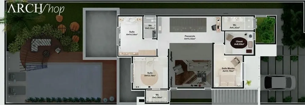 Piso superior de uma planta de casa com quatro quartos e pé direito duplo, mostrando a distribuição dos cômodos. 