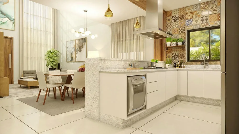 Planned kitchen layout with peninsula, ideal for kitchens looking for functionality and room division, as in the Dublin Project.