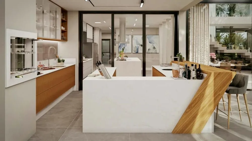 Luxury planned kitchen with central island, modern cabinets, and wooden details, integrated with other environments.