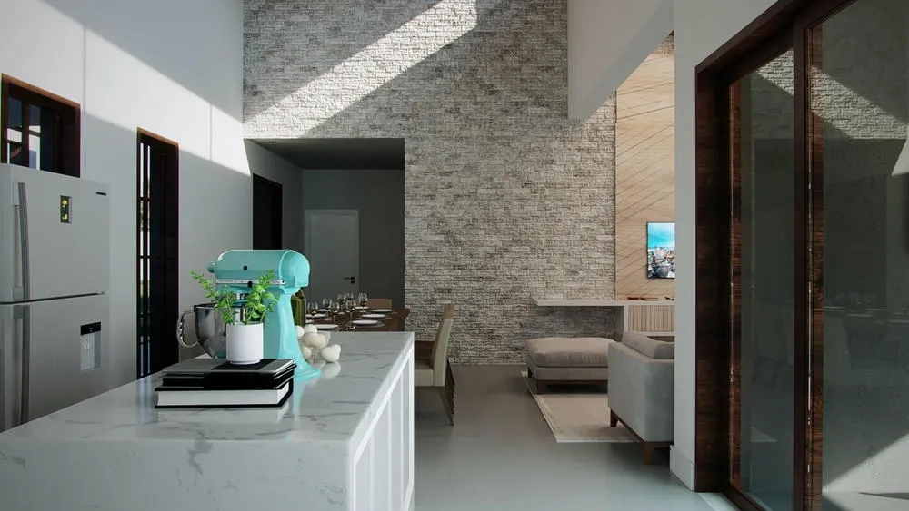 Materials for planned kitchens: stone countertops and floors, combining resistance and elegance in the California Project.