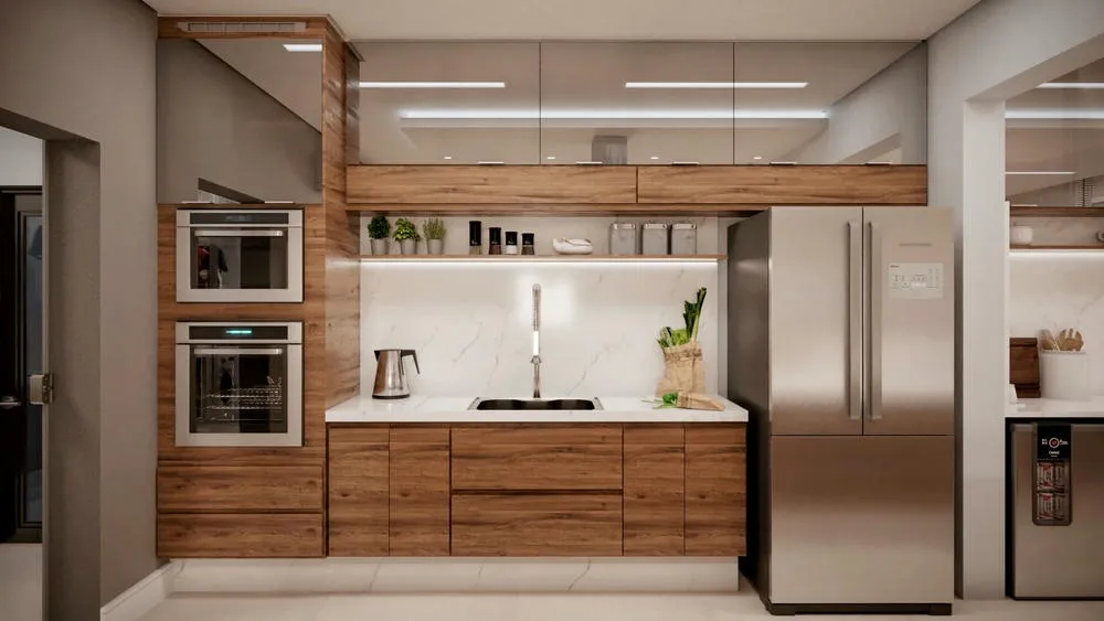 Materials for planned kitchens: use of wood in cabinets and countertops, highlighting durability and style in the Portugal Project.