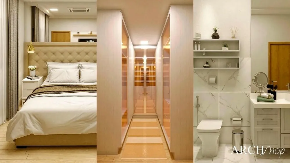 U-shaped planned closet in a compact master suite, maximizing storage.