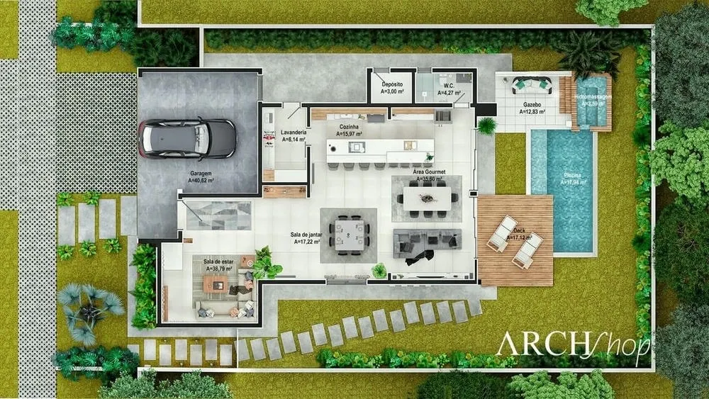 Modelo de plano de casa con 3 dormitorios, doble altura y concepto abierto, Proyecto Portugal.