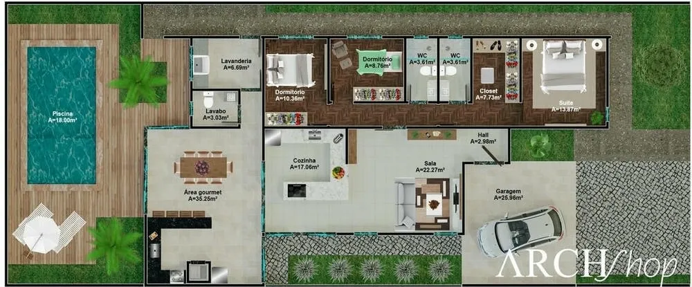 Plano de casa con 3 dormitorios y fachada de tejado a la vista, con cocina y área gourmet, Proyecto Serbia.