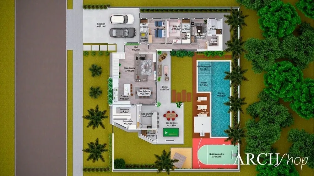 Ejemplo de plano de casa con 3 suites y cancha de deportes, Proyecto Detroit.