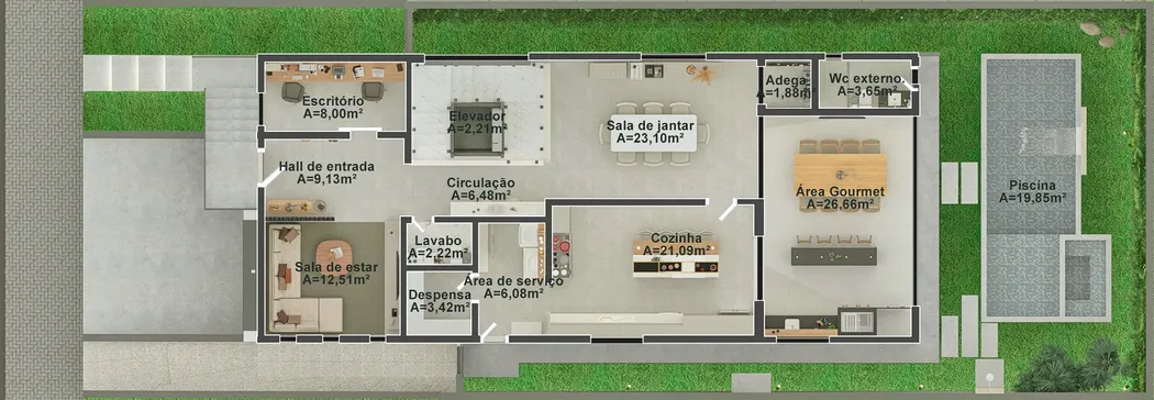 Plano de casa de dos pisos moderna con 4 suites, área gourmet integrada, oficina en casa y piscina. Detalla la sala de estar, el comedor y la cocina.