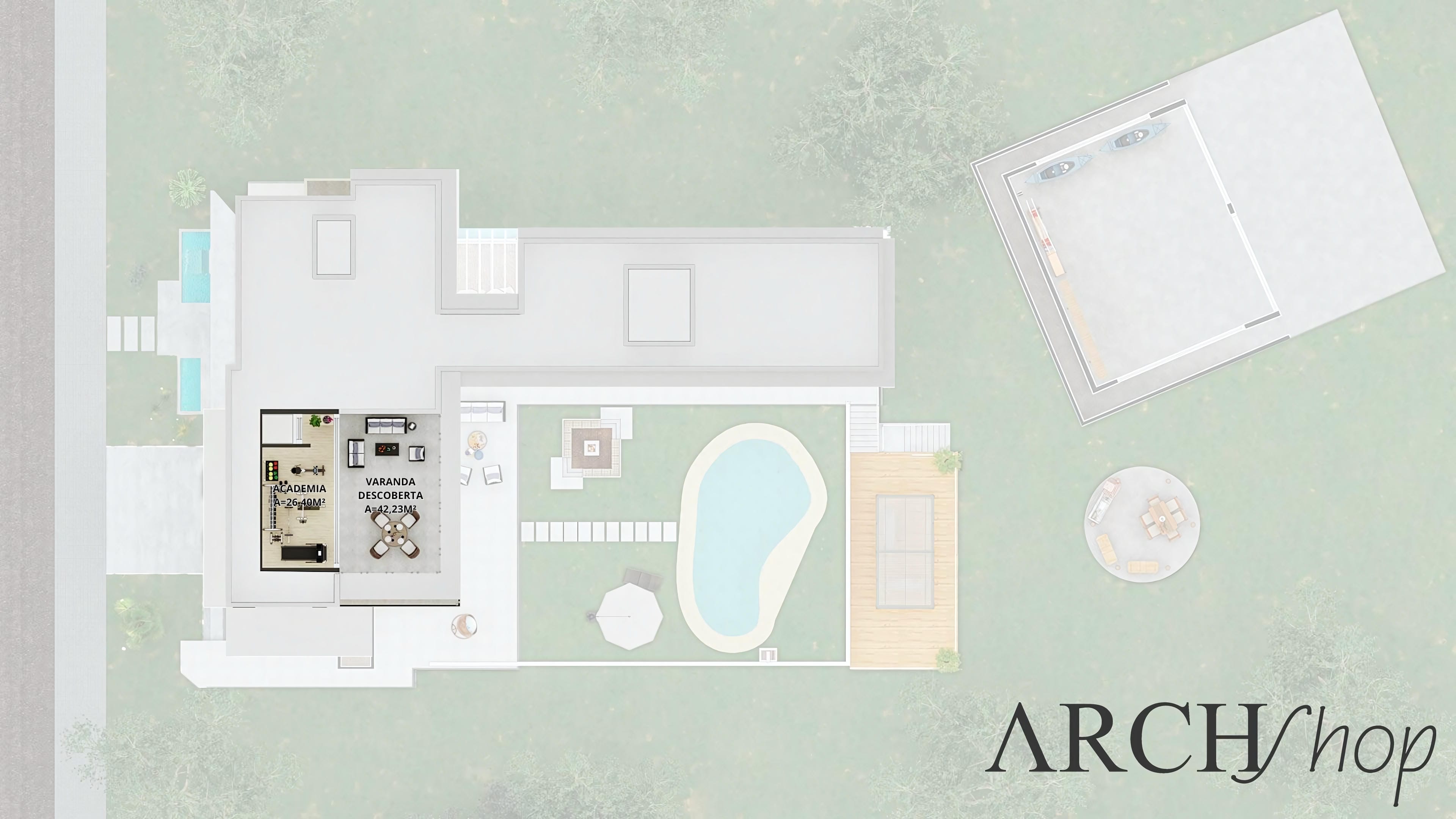 Plano de planta de moderna casa de dos plantas de 872m², 6 suites y 9 baños, destacando zona gourmet, piscina y gimnasio.