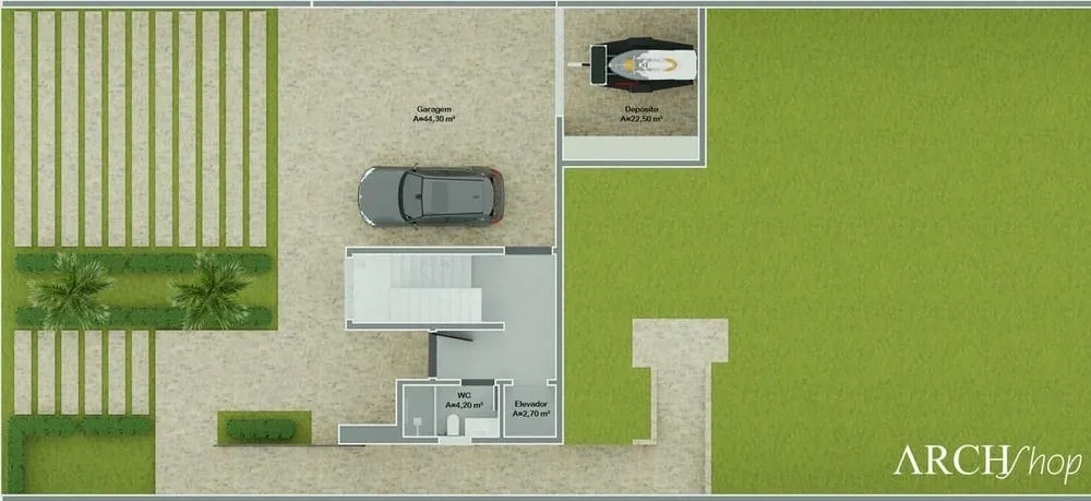 Plano de casa con cuatro dormitorios de alto nivel en terreno con pendiente, mostrando la adaptación al desnivel.