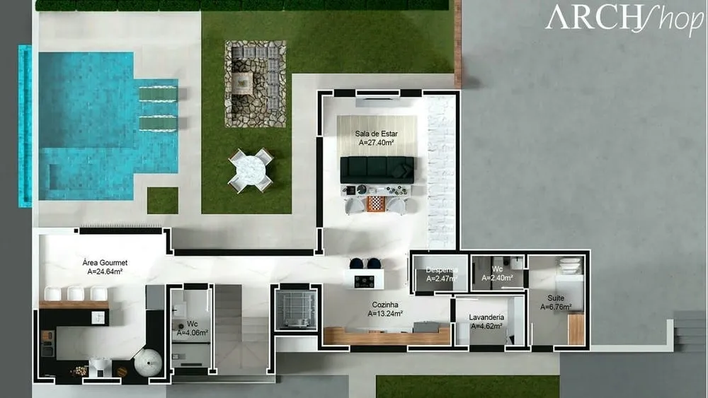Imagen con plano de casa con cuatro dormitorios, fogata y piscina infinita, ideal para momentos de ocio y relajación.