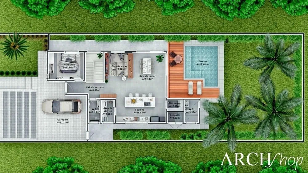 Plano de casa con cuatro dormitorios, óptima distribución y piscina, diseñada para ocio y confort.