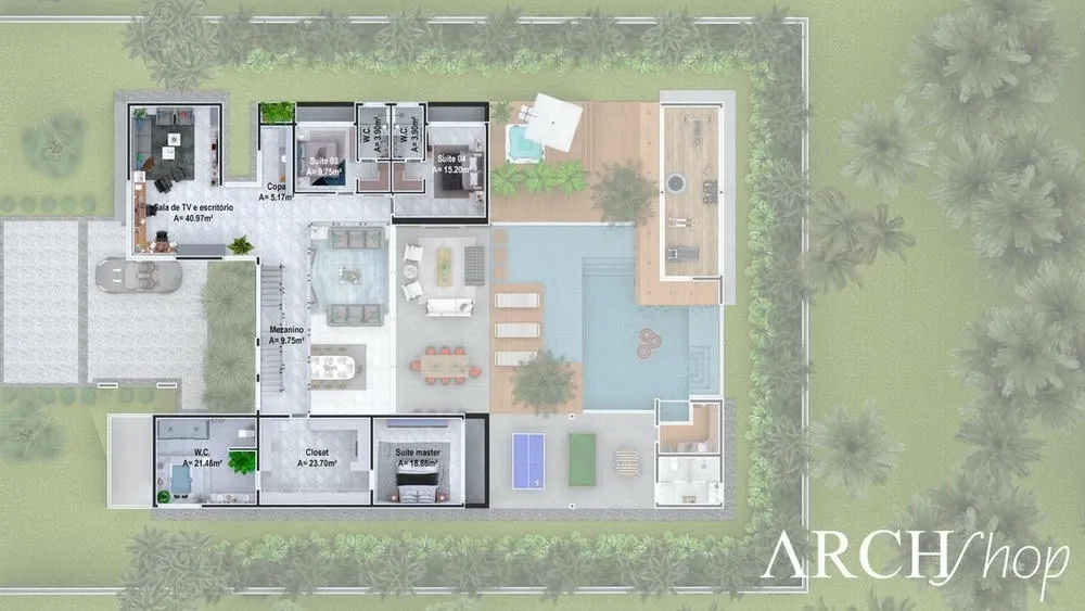 Plano de planta del nivel superior del Proyecto Caribe, con 5 dormitorios y fachada moderna.