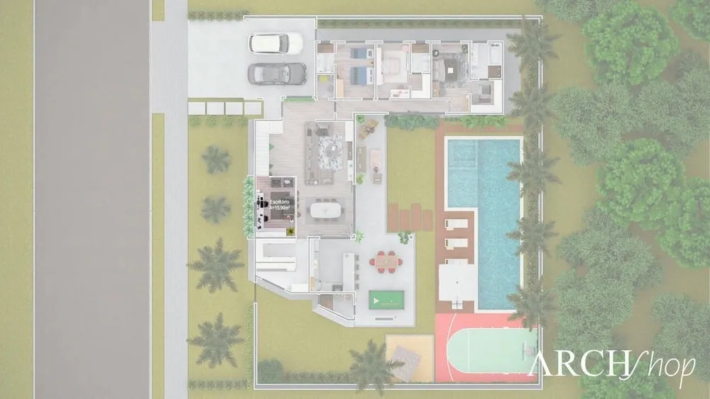 Plano de planta del nivel superior del Proyecto Detroit, con 3 suites y cancha de deportes.