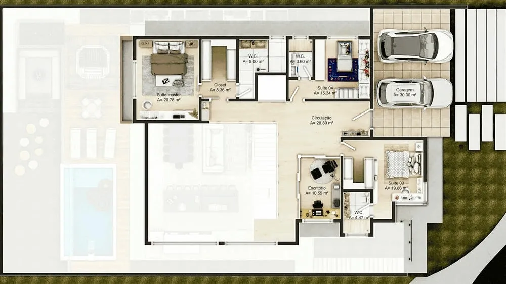 Plano de planta del nivel inferior del Proyecto Dinamarca, una casa de dos pisos con 5 suites y piscina con terraza.