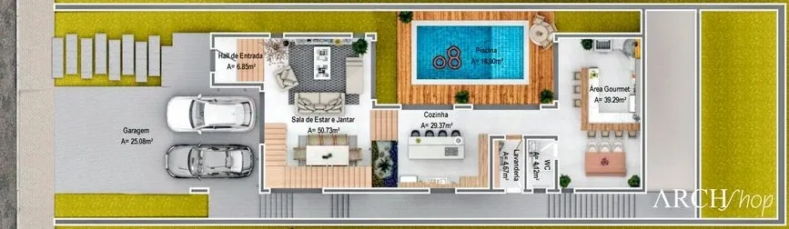 Plano de planta del nivel inferior del Proyecto Georgia, una casa de dos pisos en pendiente con piscina y área gourmet.