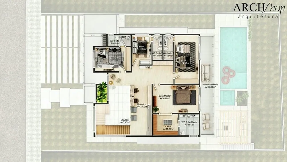 Plano de planta del nivel superior del Proyecto Los Ángeles, una casa de alto nivel.