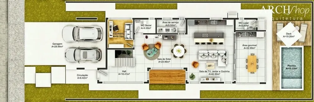Plano de planta del nivel inferior del Proyecto Lyon, una casa de dos pisos con área gourmet.
