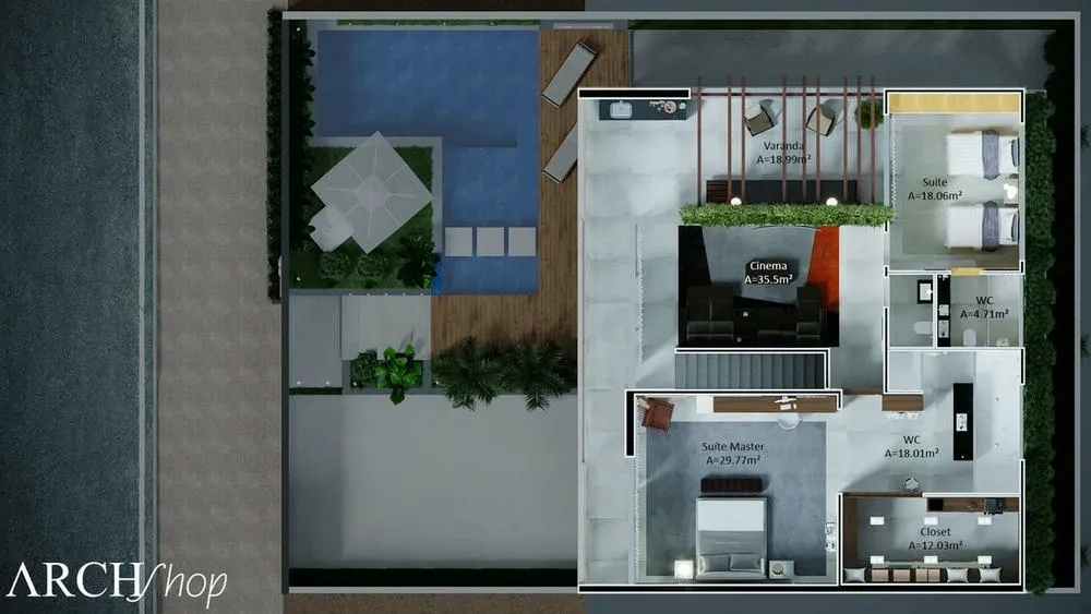 Plano de planta del nivel superior del Proyecto Madagascar, con cine y balcón gourmet.