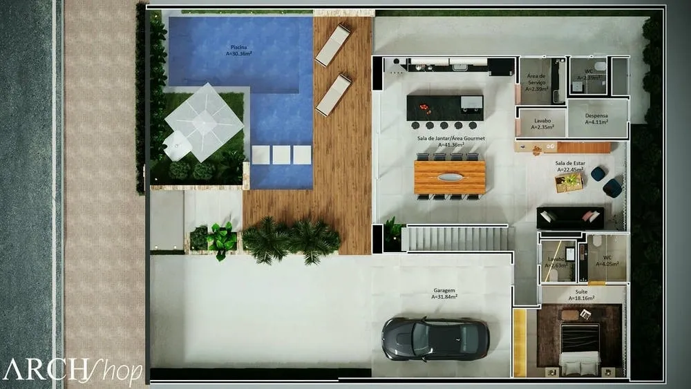 Plano de planta del nivel inferior del Proyecto Madagascar, una casa de dos pisos con cine y balcón gourmet.