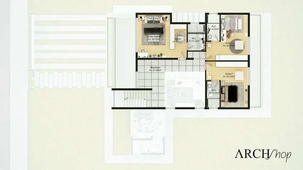 Plano de planta del nivel superior del Proyecto Porto, con 3 suites y área gourmet.