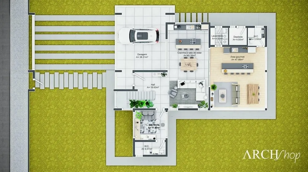 Plano de planta del nivel inferior del Proyecto Porto, una casa de dos pisos con 3 suites y área gourmet.