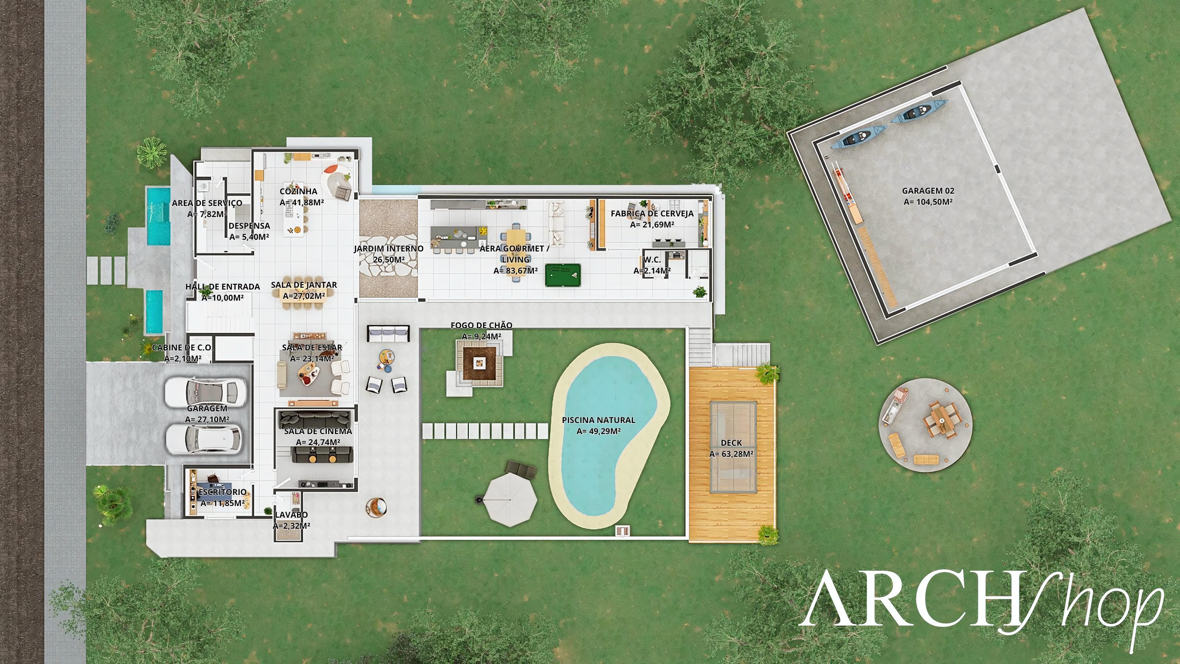 Plano de planta de moderna casa de dos plantas con amplia zona de ocio, que incluye piscina, terraza y zona gourmet integrada.