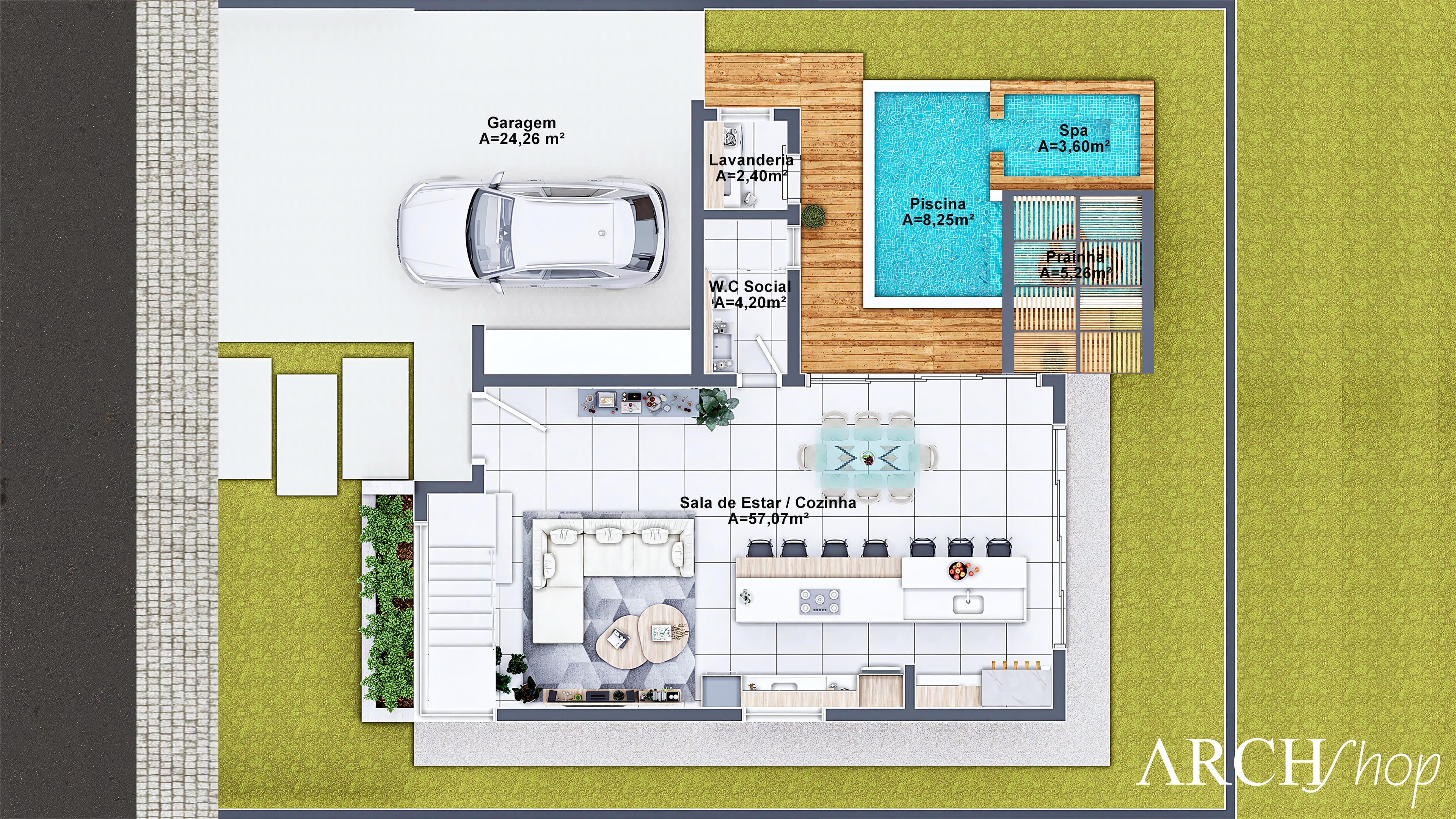 Plano de casa moderna con amplia zona de ocio, incluyendo piscina y espacio gourmet integrado a la sala de estar y cocina.