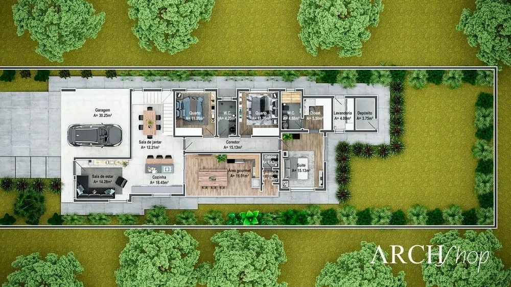 Plano de planta del nivel inferior del Proyecto Múnich, una casa de una sola planta con 3 dormitorios y concepto abierto.