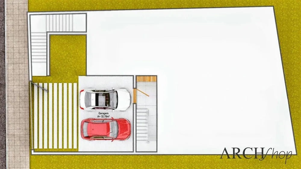 Plano de planta del nivel inferior del Proyecto América, una casa moderna en pendiente con área gourmet.