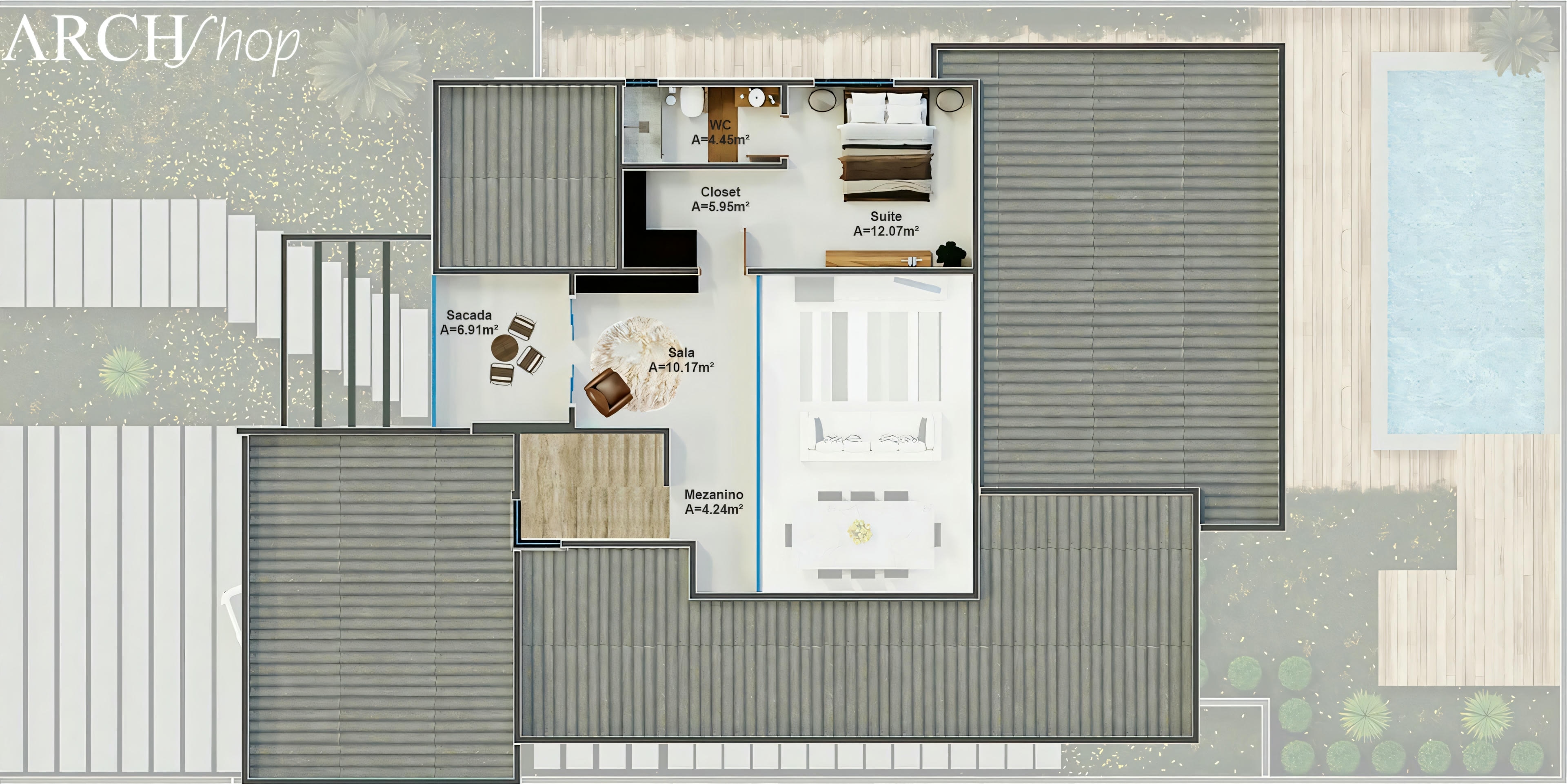 Plano casa de dos pisos con 3 habitaciones y altillo.