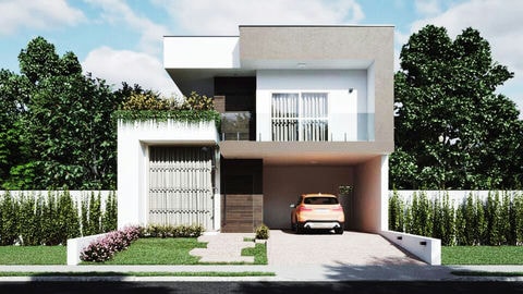 Plano de casa con 3 suites y fachada moderna.