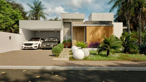 Plano de casa con 3 suites y piscina con deck.