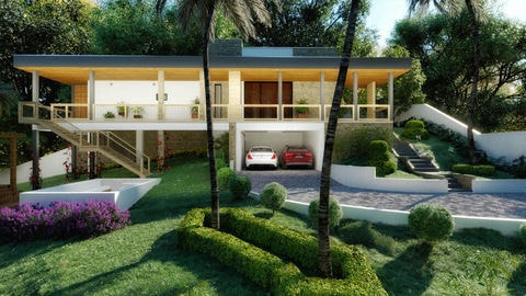 Plano de casa de campo con 3 dormitorios.