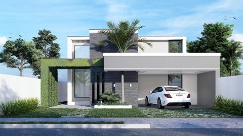Fachada de casa pequeña y moderna con 96.37m², 2 habitaciones y garaje para 2 coches. Proyecto arquitectónico contemporáneo con revestimiento en piedra, pretil, amplias ventanas de vidrio y paisajismo. Ideal para terreno 12x20.