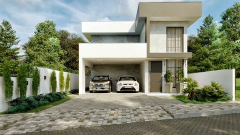 Plano de casa de una planta con 3 habitaciones.