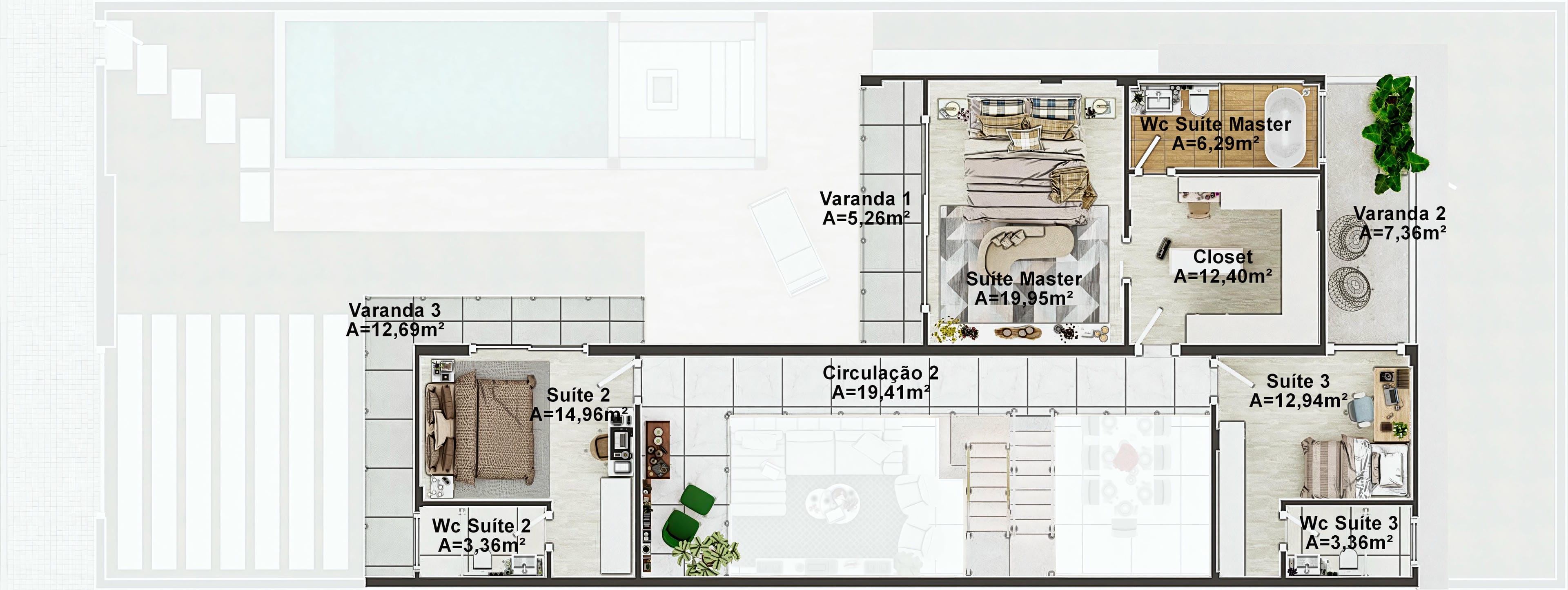 Plano de planta de casa moderna con 4 suites, destacando la suite master con vestidor, terrazas amplias, piscina y área gourmet.