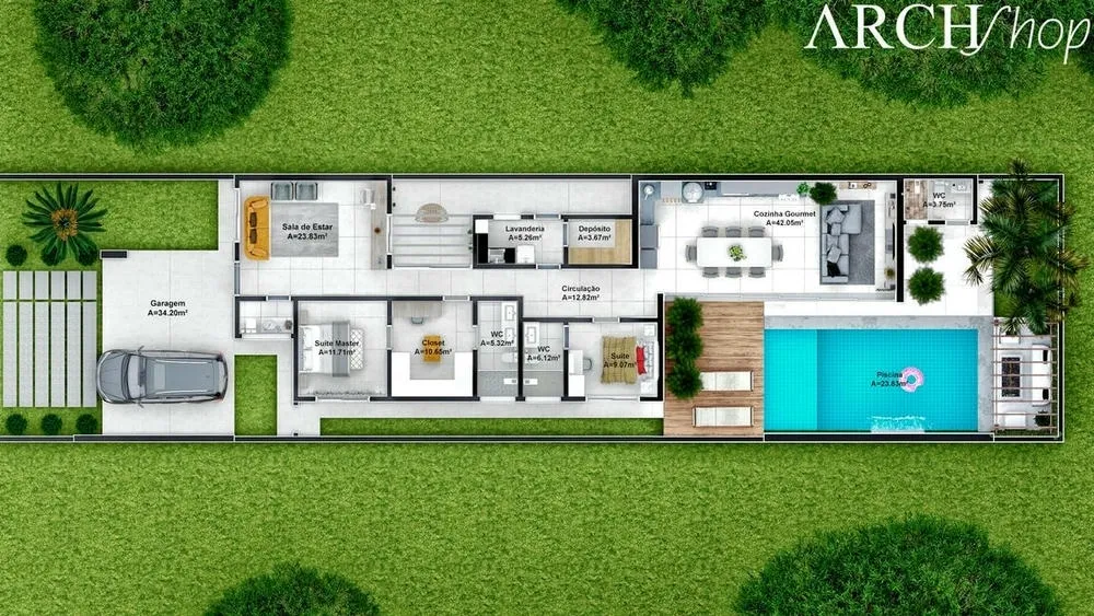 Plano de planta humanizado del Proyecto Finlandia, una casa de una sola planta con concepto abierto y piscina.
