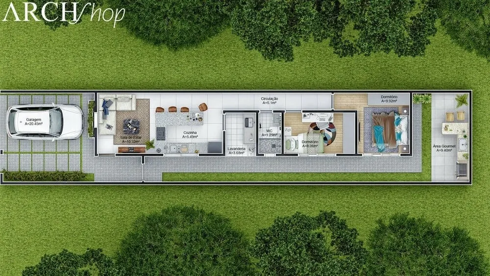 Plano de planta humanizado del Proyecto Moscú, con cocina americana y dos dormitorios, y área gourmet.