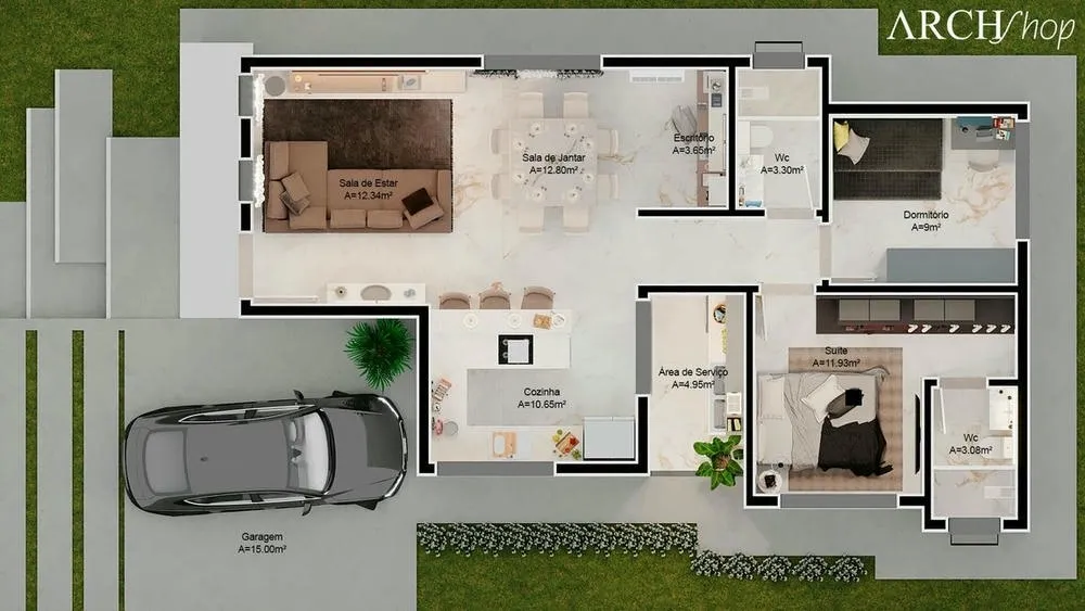 Plano de planta humanizado del Proyecto Turín, una casa de una sola planta con concepto abierto en la sala y cocina.
