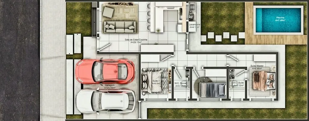 Plano de planta humanizado del Proyecto Valencia, una casa de una sola planta con piscina y área de ocio en la parte trasera.