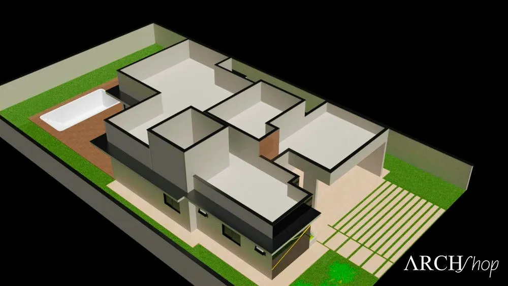Representación digital en 3D de un proyecto de casa de una sola planta con 2 suites y piscina, destacando la volumetría.