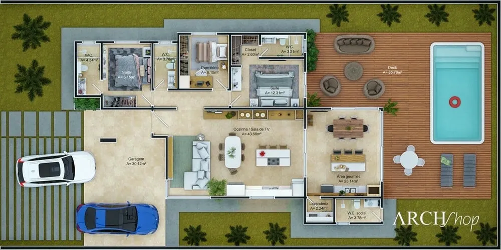 Plano humanizado de un proyecto de casa de una sola planta con 2 suites, piscina y área gourmet.