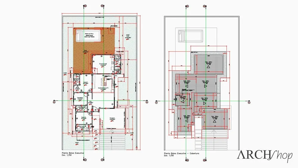 Plano ejecutivo de un proyecto de casa de una sola planta con 2 suites, mostrando detalles técnicos.