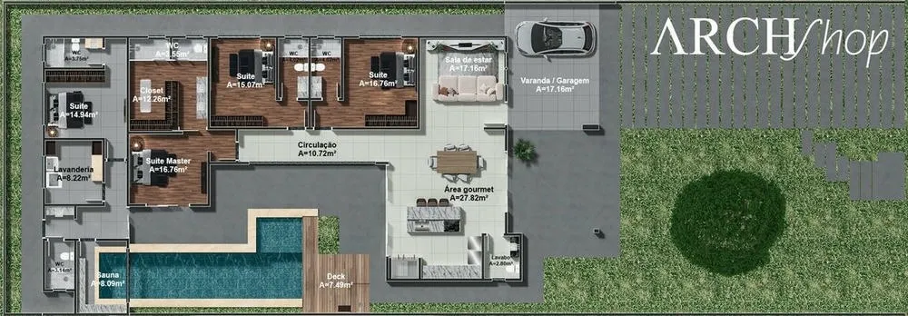 Planta baixa humanizada do Projeto África, uma casa térrea com piscina, sauna e quatro suítes.