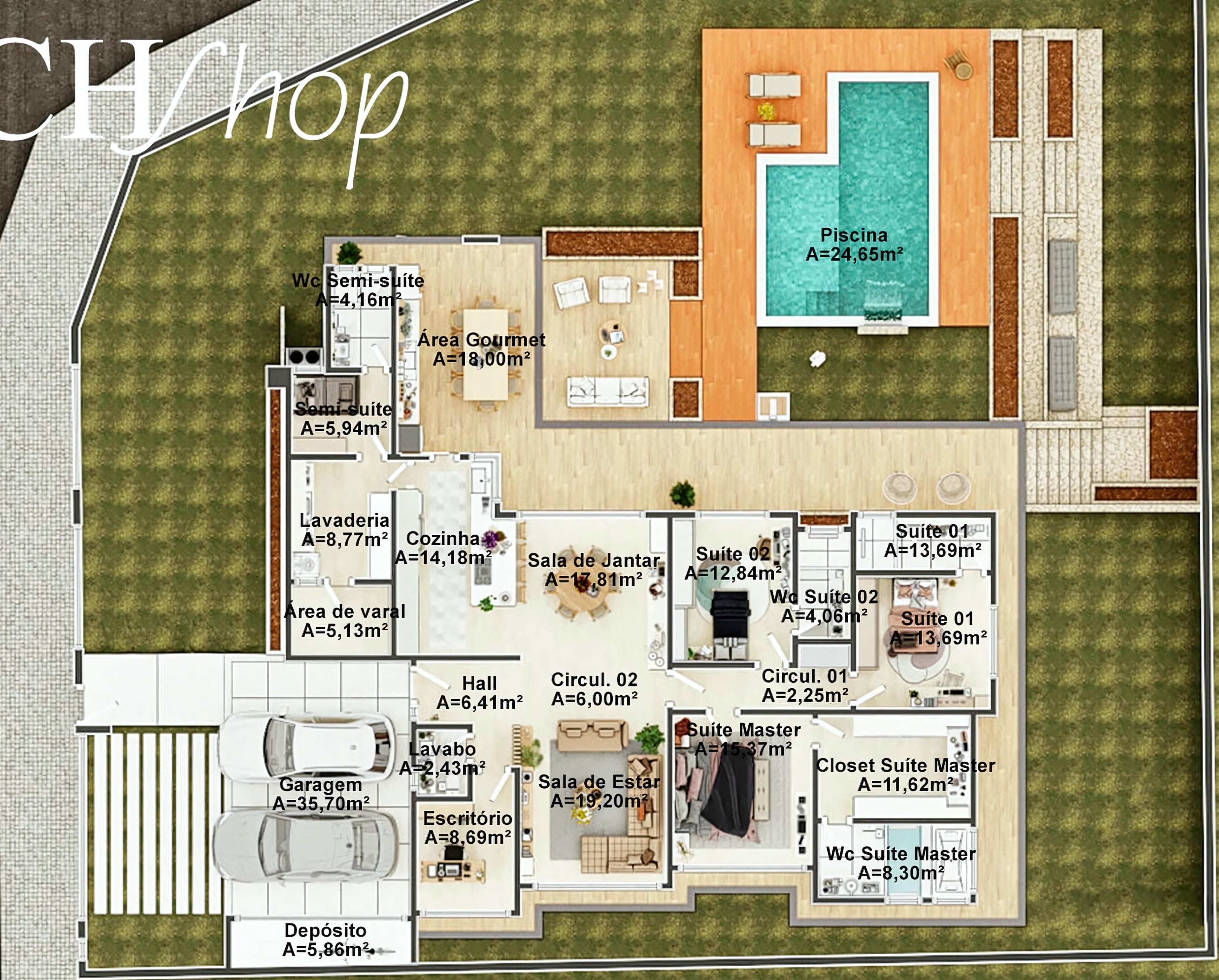 Planta baja de casa de una planta moderna, destacando el área gourmet, piscina y 3 suites, con distribución funcional.