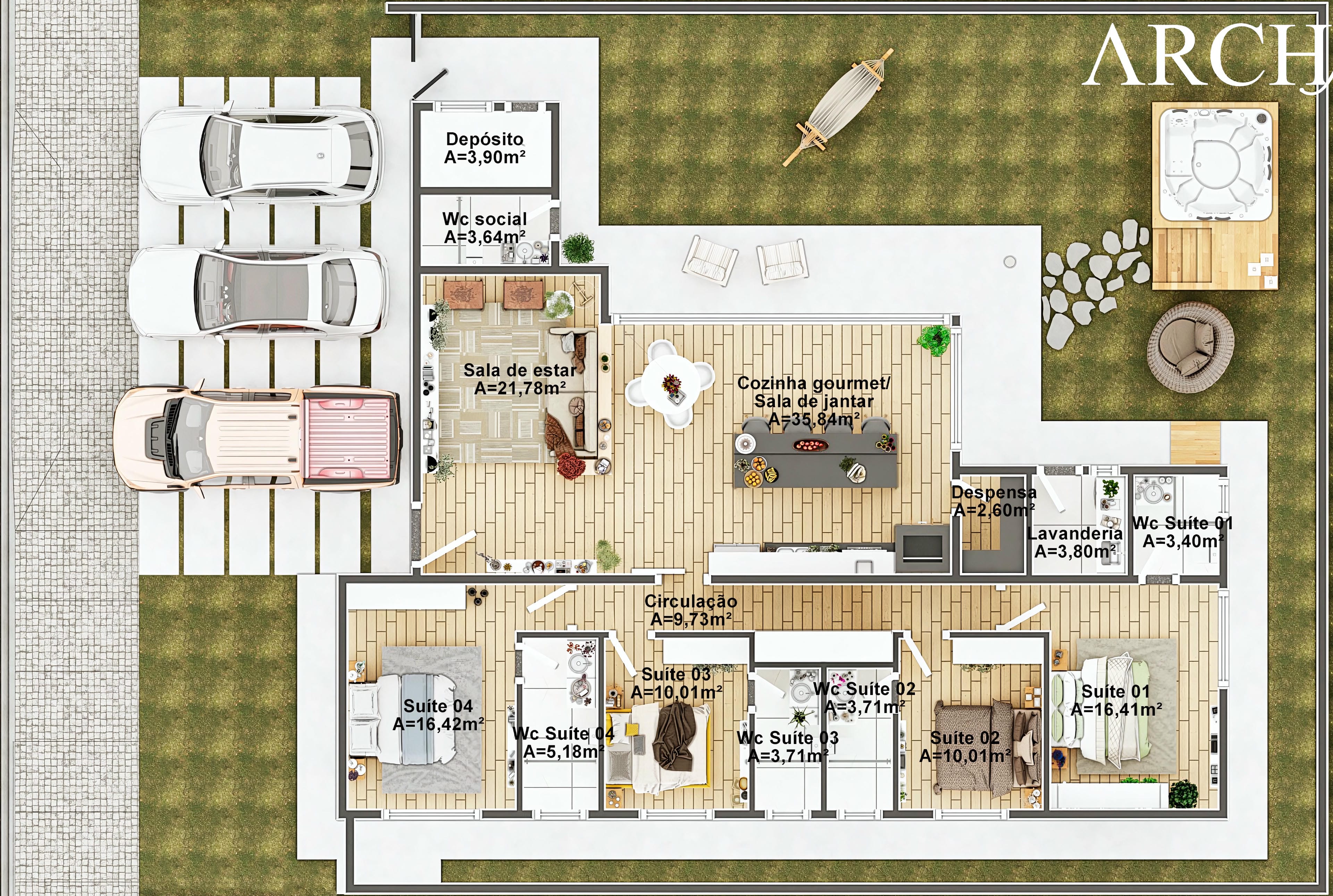 Vista aérea de planta baixa de casa térrea moderna com 4 suítes, ampla área gourmet integrada à sala de jantar e área externa com hidromassagem e deck.