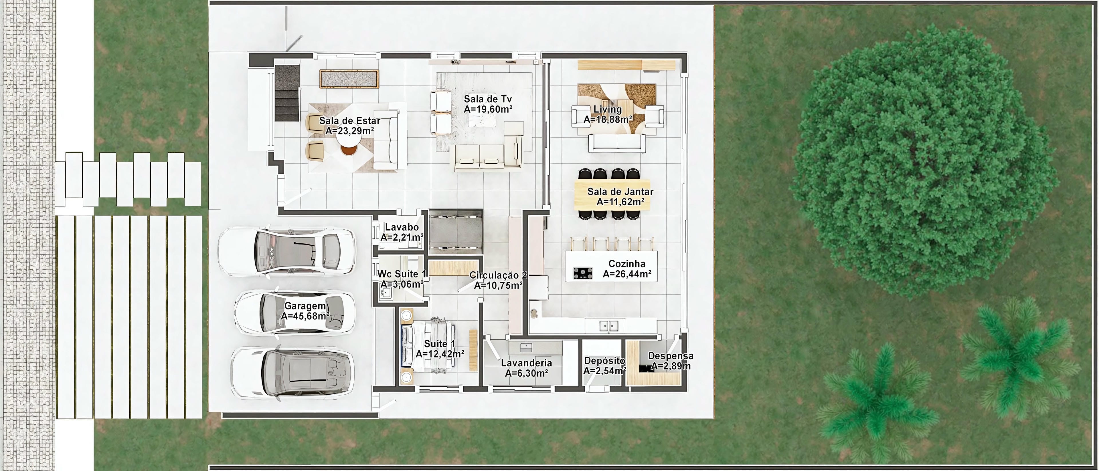Planta baixa detalhada de sobrado moderno, destacando 4 suítes, amplo living, sala de jantar, cozinha espaçosa e área de serviço. Visualização aérea com layout dos cômodos e garagem.